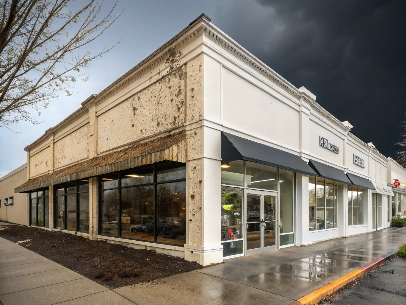 Before and after photos of a commercial building's exterior, demonstrating the impact of PropCareTechs' cleaning and maintenance services.