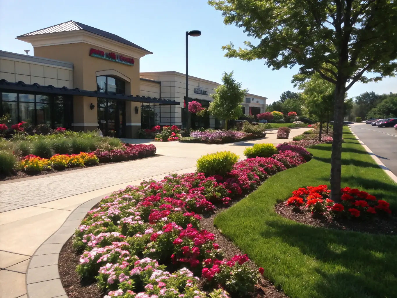 A well-maintained commercial property with manicured landscaping, reflecting PropCareTechs' property maintenance expertise.