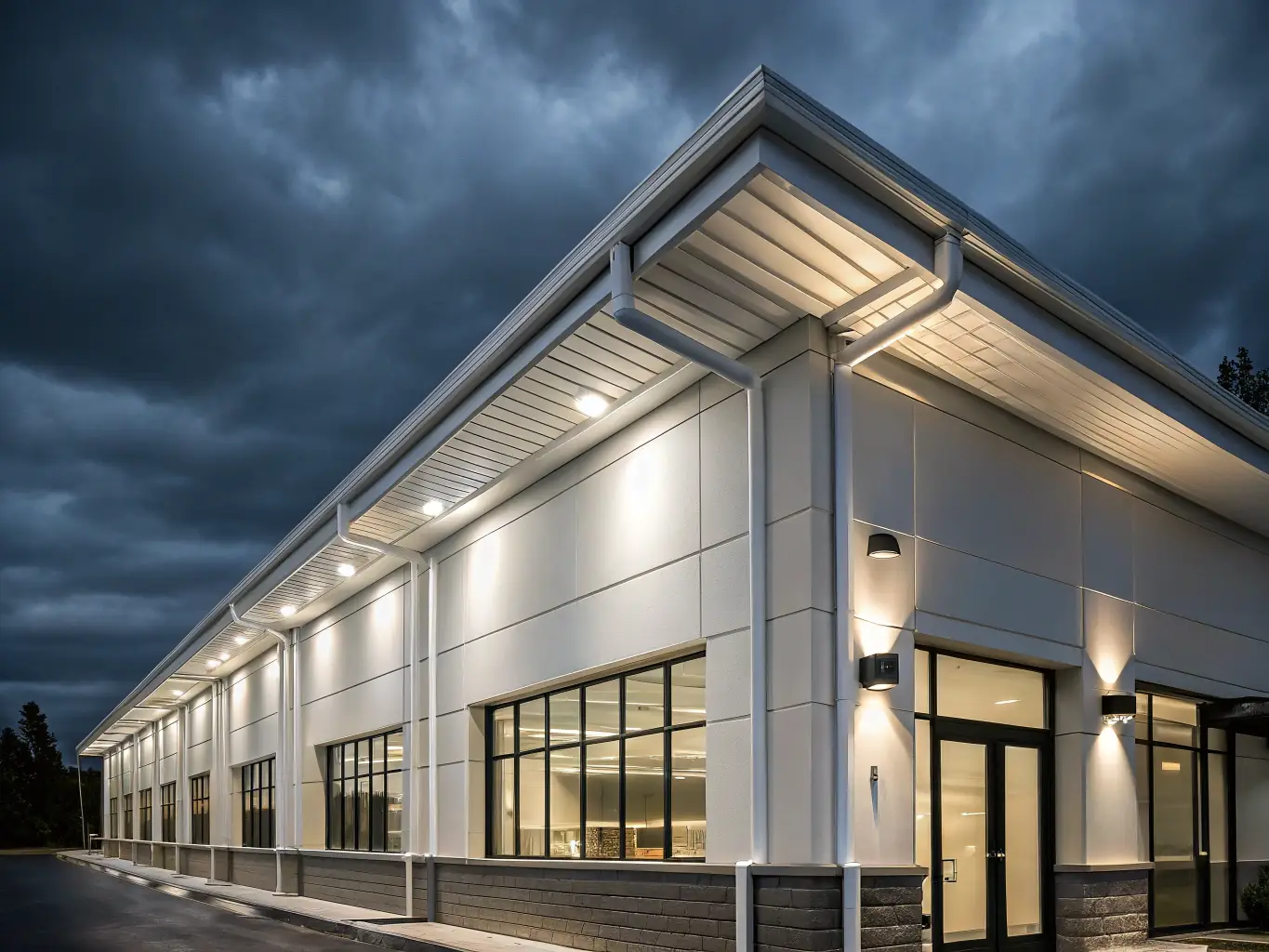 A commercial building with clean, well-maintained gutters, showcasing the effectiveness of PropCareTechs' gutter cleaning services.